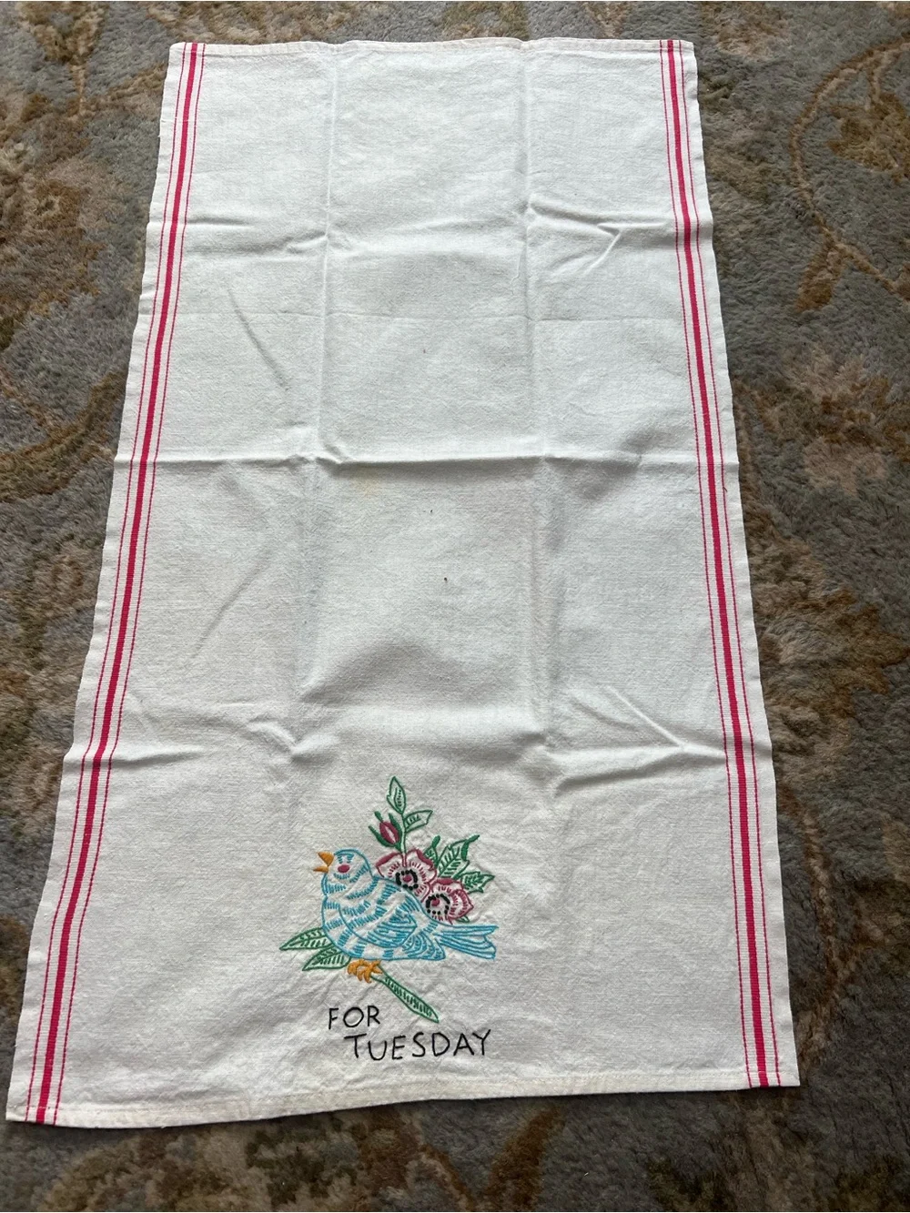 Embroidered Day-of-Week Kitchen Towels - Bird & Squirrel Motifs,‎ White